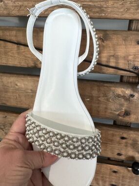 White pearl embellished, flat sandals women’s size 8 bridal